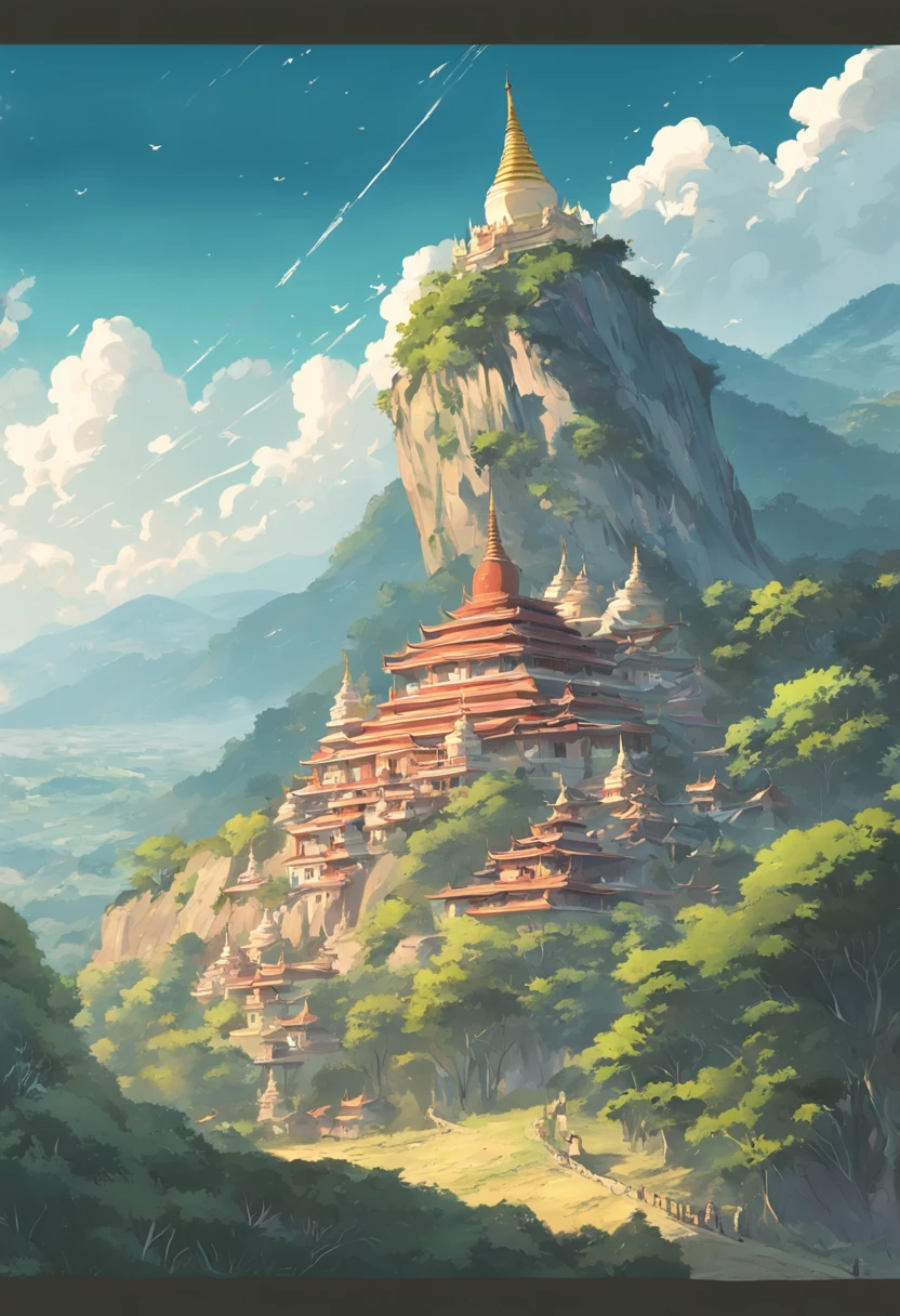 landscape of Myanmar, white pagoda and monastery on the hill, intricate image