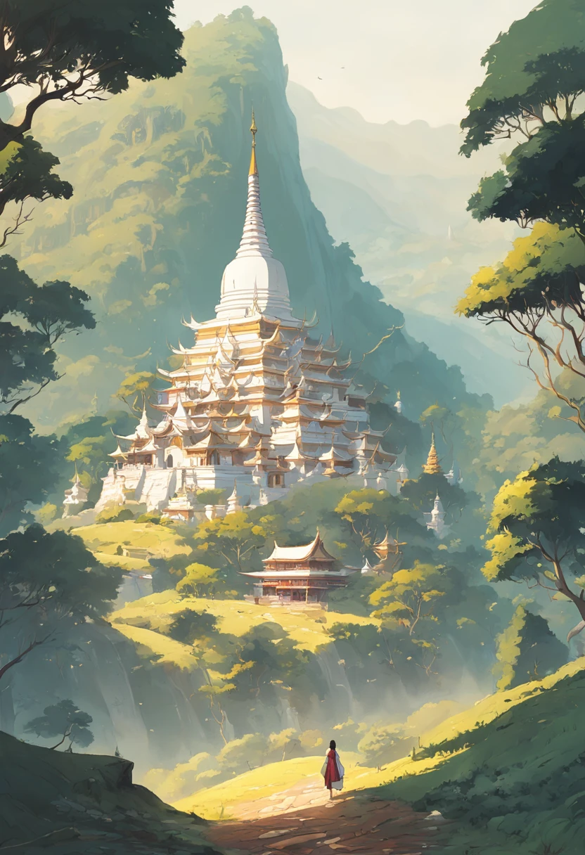 landscape of Myanmar, white pagoda and monastery on the hill, intricate image