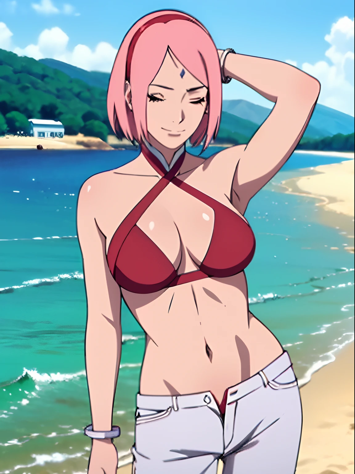masterpiece, 4k, portrait, cowboy shot, professional artwork, detailed beach background, intricate details, colorful, digital blending, (ultra detailed body, ultra detail hair, ultra detail face), trending on pixiv, kind smile, best quality, anime style: 1.9, 1girl, hires, haruno sakura, (forehead mark, milf, red hairband, pale skin, small breasts, short hair, ((red micro bikini top, (bikini top only)), white pants), (navel, belly button, bracelet, pink hair, closed mouth, big eyes), smile, beach, wind, floating hair, detailed arms, off-shoulders, broad shoulders, slightly muscular arms, (dirty armpits, armpit pocket), standing, winking, one eye closed)