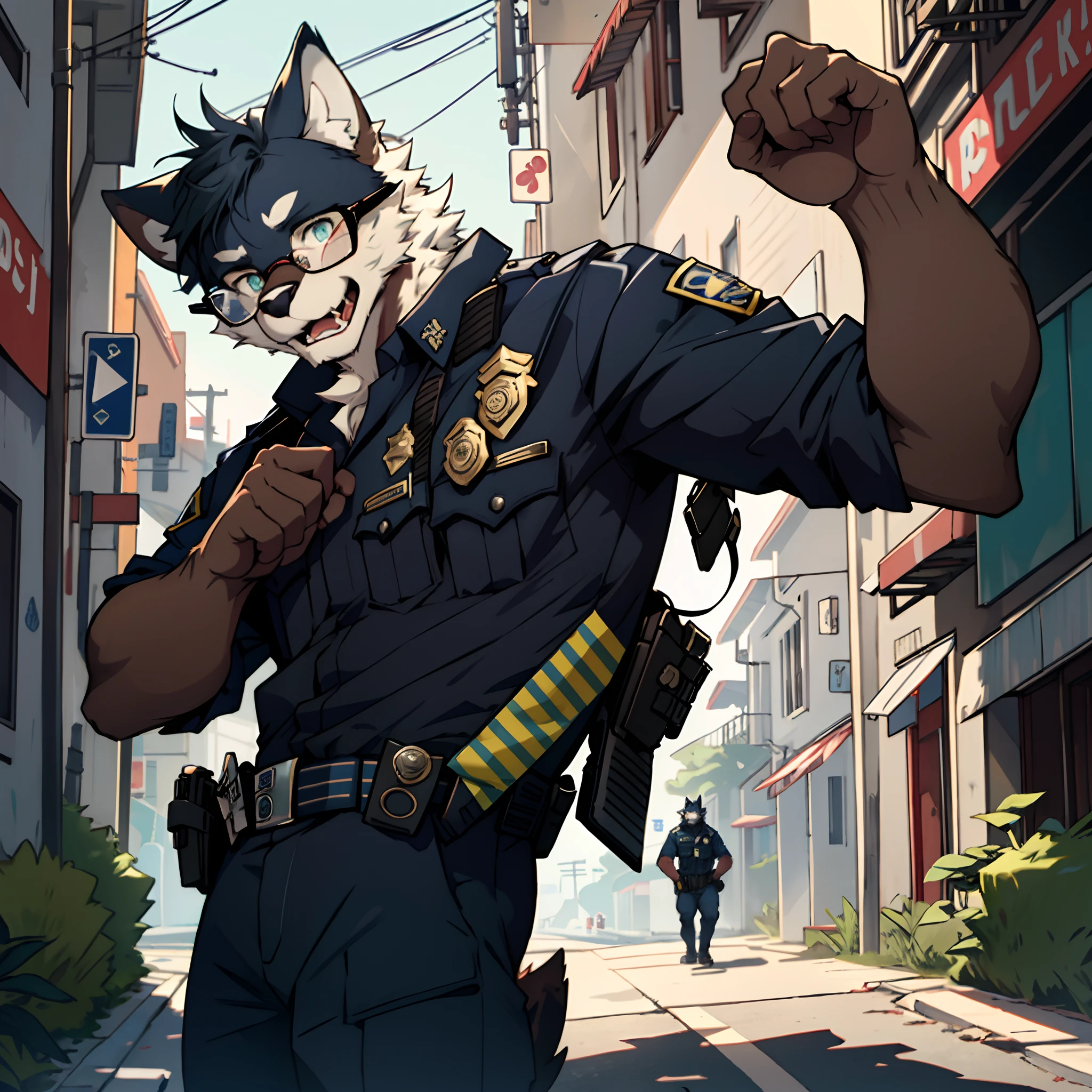highres, paid reward available, unparalleled masterpiece, street(highly detailed beautiful face and eyes)absurdres, perfect anatomy, good lighting, volumetric lighting, cinematic shadow(angelic handsome 1boy, kemono, solo focus, single, muscle man, beard, dignified, Laugh wildly, glasses)(furry anthro:1.7)(Furry body, dog facial features, dog body features)(very detailed body fur)dynamic pose, ((police officer, black police uniform))muscle, facial hair, shirt, selfie,
