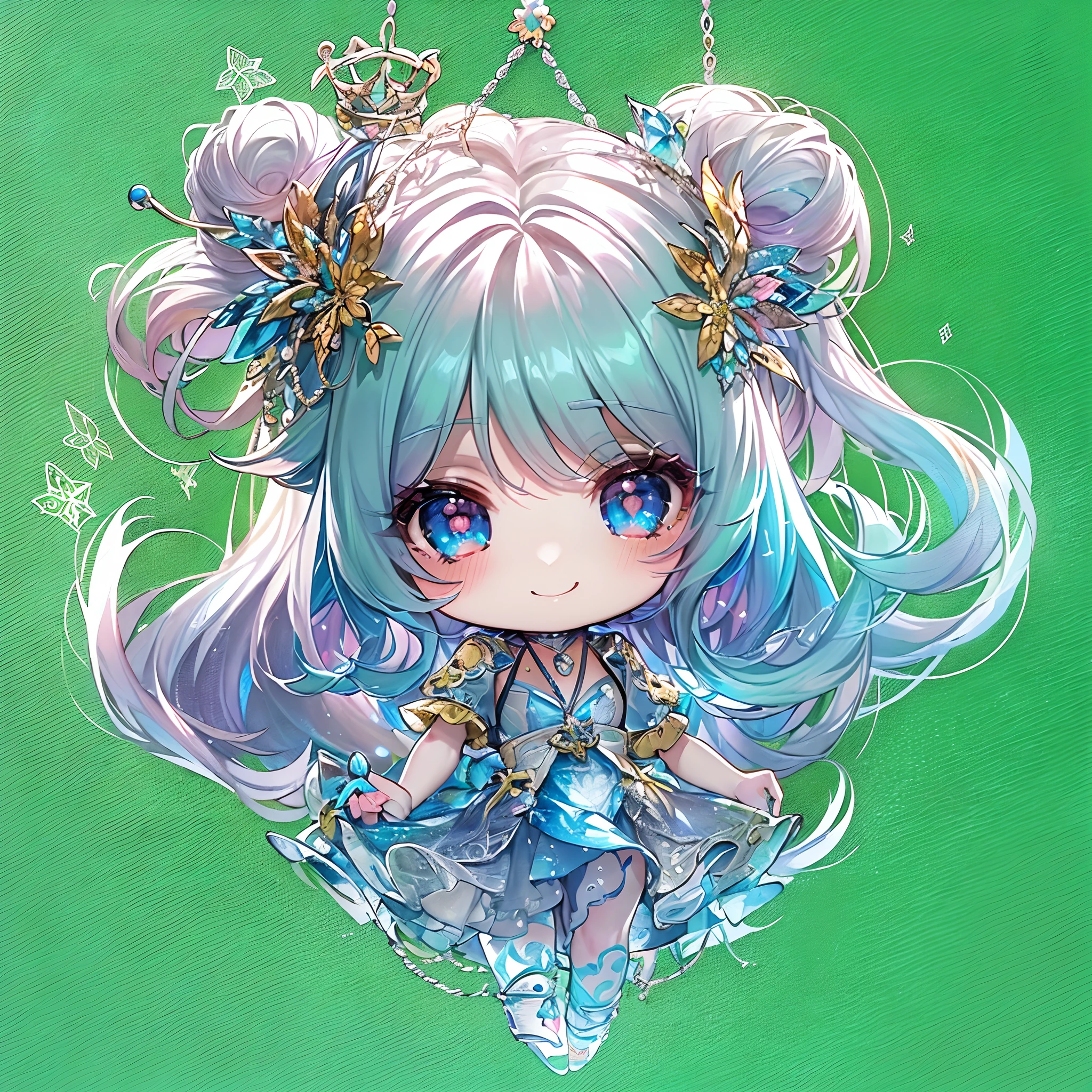 (Chibi:1.5)((masutepiece, of the highest quality, Watercolor art (Pendants), Beautiful and aesthetic: 1.2)), (Golden ratio: 1.2), (Full body: 1.2), (Super Detail: 1.3), (1 girl in: 1.3), (Fractal Art: 1.3), (Glitter Pupil)),(eye glass:1.5) ,(Iridescent hair, Colorful hair, Half light blue and half pink hair: 1.2)),  (Heterochromia), (Colorful: 1.5), (((Shy face)),  (full body Esbian), (Hyper-detailing), ((delicate detail)), (intricate-detail), ((Cinematic Light, Highest quality backlight)), High contrast, ((The best lighting, Very delicate and beautiful)), (( Cinematic Light)), (ray trace reflection, Glow), (((glowing aura)), ((Glowing hair)), ((Super Detail)), (8K)), ((a closeup)),  ((Seductive smile)) ,((FULL BODYSHOT))、(Chibi:1.5)