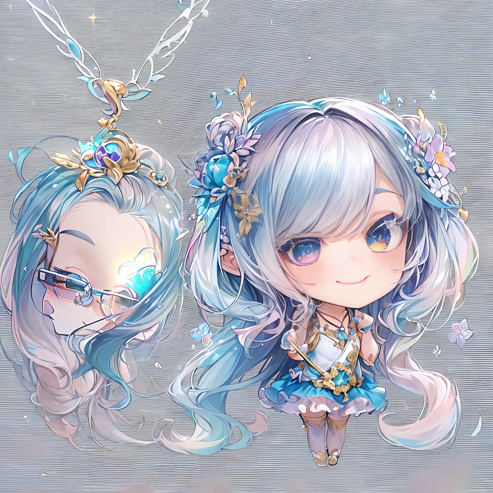 (Chibi:1.5)((masutepiece, of the highest quality, Watercolor art (Pendants), Beautiful and aesthetic: 1.2)), (Golden ratio: 1.2), (Full body: 1.2), (Super Detail: 1.3), (1 girl in: 1.3), (Fractal Art: 1.3), (Glitter Pupil)),(eye glass:1.5) ,(Iridescent hair, Colorful hair, Half light blue and half pink hair: 1.2)),  (Heterochromia), (Colorful: 1.5), (((Shy face)),  (full body Esbian), (Hyper-detailing), ((delicate detail)), (intricate-detail), ((Cinematic Light, Highest quality backlight)), High contrast, ((The best lighting, Very delicate and beautiful)), (( Cinematic Light)), (ray trace reflection, Glow), (((glowing aura)), ((Glowing hair)), ((Super Detail)), (8K)), ((a closeup)),  ((Seductive smile)) ,((FULL BODYSHOT))、(Chibi:1.5)