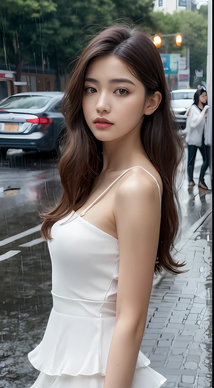 ((Best Quality, 8k, Masterpiece: 1.3)), Focus: 1.2, Perfect Body Beauty: 1.4, Buttocks: 1.2, ((Layered Haircut, Flat Chest: 1.2)), (Rain, Street:1.3), Bandeau Dress: 1.1, Highly Detailed Face and Skin Texture, Fine Eyes, Double Eyelids, Whitened Skin, Long Hair, (Shut Up: 1.3), Full Body