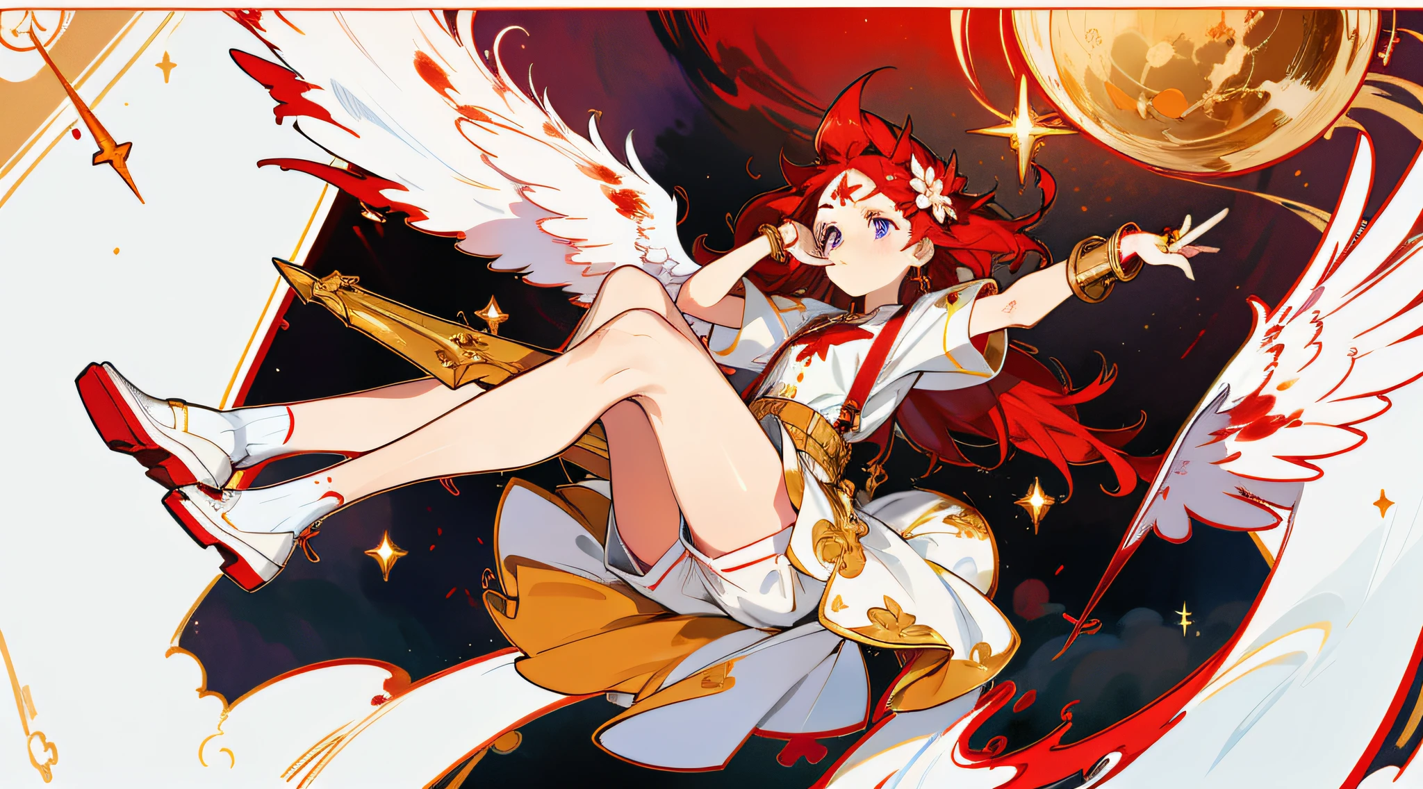 long white-blond hair，Mixed with dark red hair，Reaches the calf with blood-red and purple-gold pupils（Right blood red left purple gold）Red star texture and decorated white and gold gorgeous short skirt，White suspender stockings（At the left leg），white stockings（Right leg），Dark gold leg ring（Right leg）。There is a special blood-red flower on the hair as a decoration，Blood-red wings on the back（Can be hidden and not visible）。Gold ring，Above are the blood-colored stars that surround it。The left wrist has a gold and a red sun-style bracelet。At the ankle there are black and red meniscus-style ankle rings（One on each foot）。There is a golden sword-shaped pattern on the forehead，Each year has three blood-colored lines resembling light wings（It can be hidden in normal times）