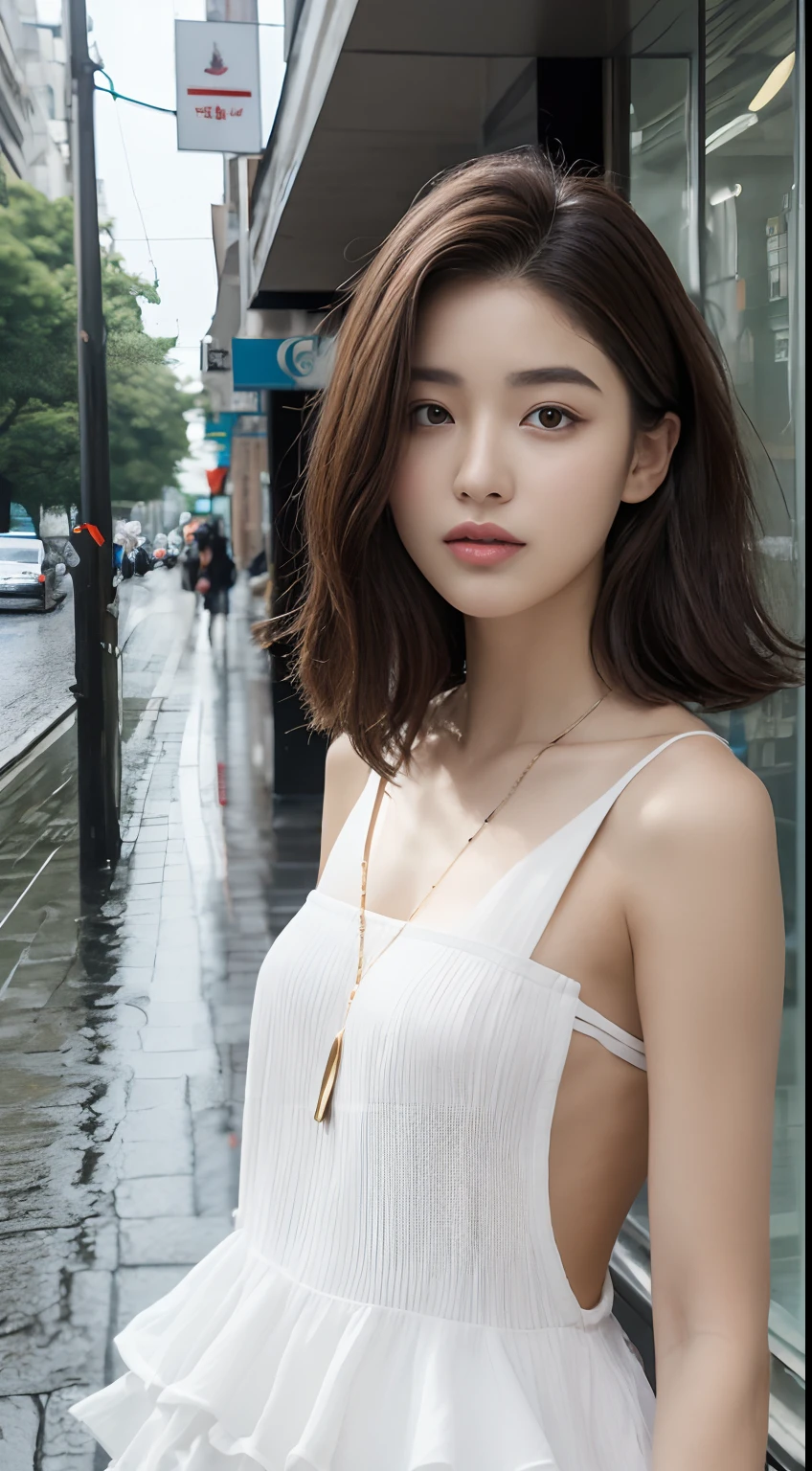 ((Best Quality, 8k, Masterpiece: 1.3)), Focus: 1.2, Perfect Body Beauty: 1.4, Buttocks: 1.2, ((Layered Haircut, Flat Chest: 1.2)), (Rain, Street:1.3), Bandeau Dress: 1.1, Highly Detailed Face and Skin Texture, Fine Eyes, Double Eyelids, Whitened Skin, Long Hair, (Shut Up: 1.3), Full Body