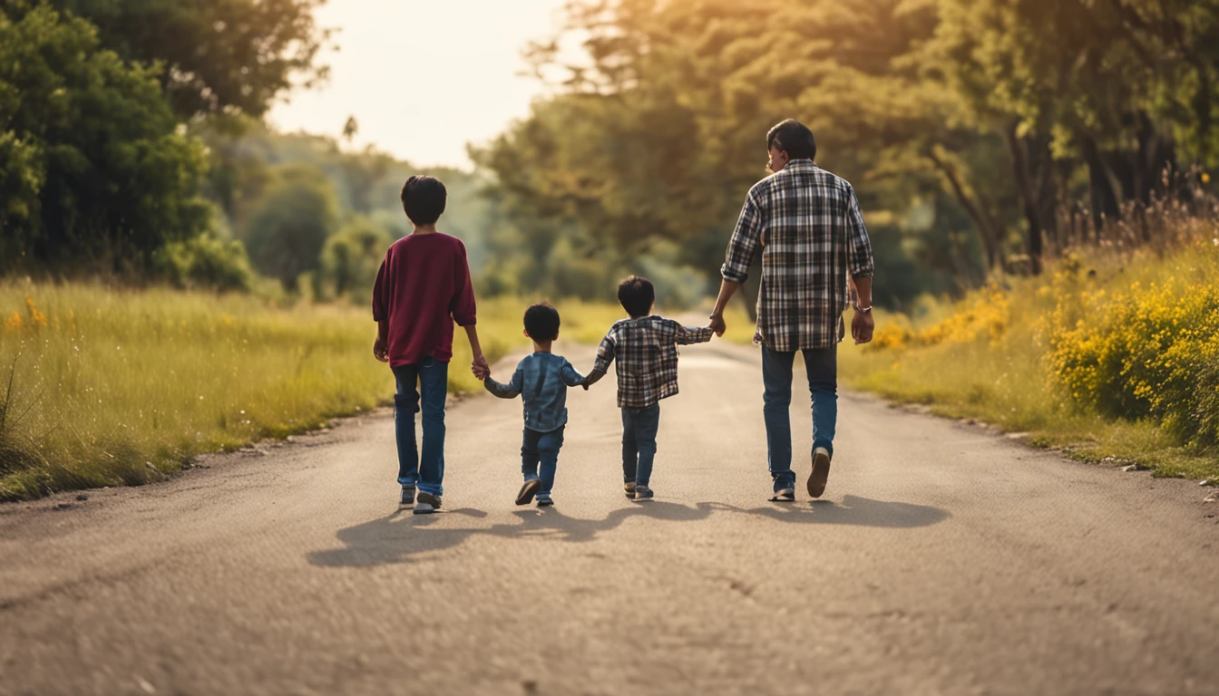 an asian family of four consists of four members: parents and two sons walking hand in hand on a long road leading to distant hills, few trees, high quality photos, real photos, super realistic , family near camera angle, taken with Canon EOS 5D, ((full body)), just four people, family standing back to the right,Everyone turns to the camera