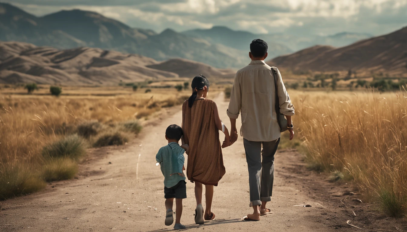 an asian family of four consists of four members: parents and two sons walking hand in hand on a long road leading to distant hills, few trees, high quality photos, real photos, super realistic , family near camera angle, taken with Canon EOS 5D, ((full body)), just four people, family standing back to the right,Everyone turns to the camera