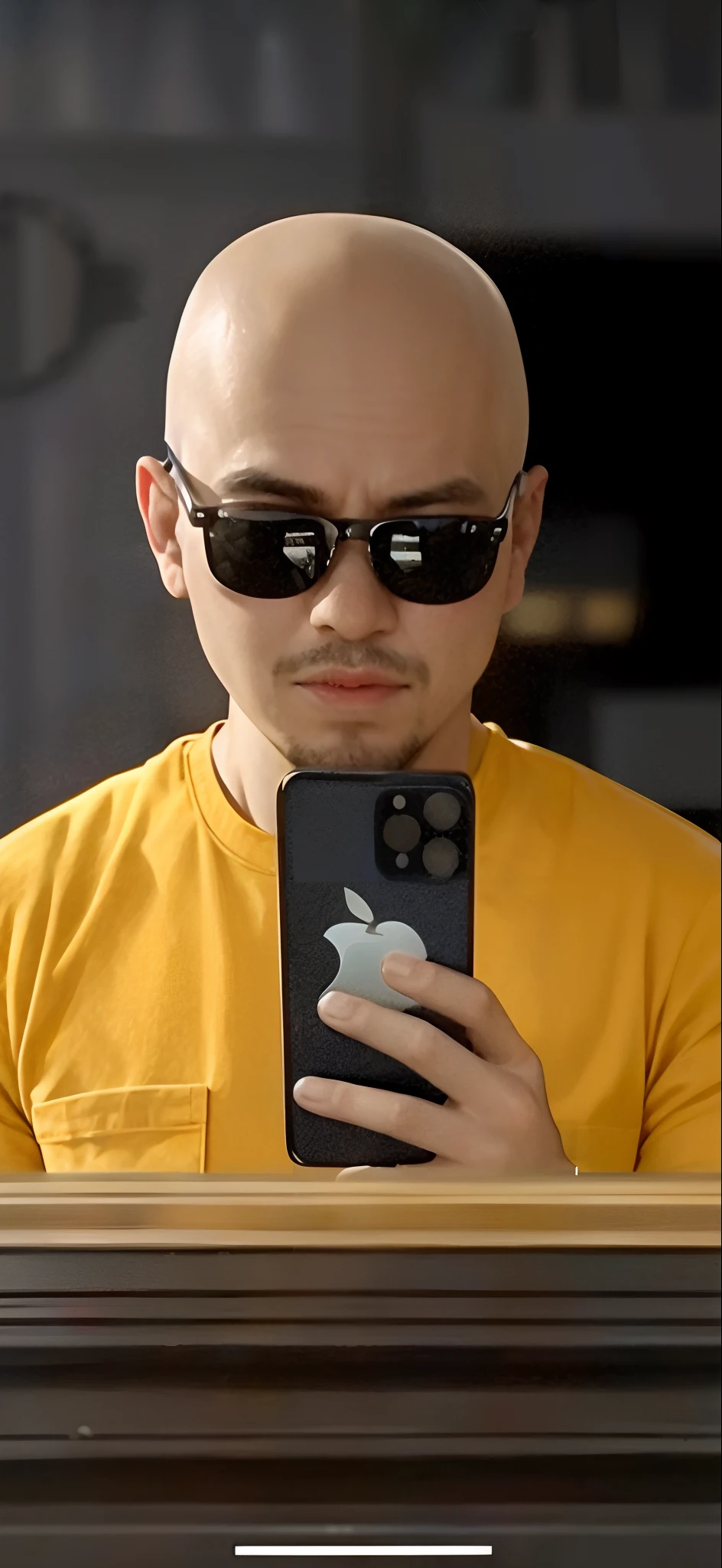 arafed bald man in yellow shirt looking at his cell phone, with sunglass, 8k selfie photograph, iphone selfie, reflection of iphone in visor, david luong, taken on iphone 1 3 pro, shot on iphone 1 3 pro max, with sunglasses, professional iphone photo, wearing shades, in style of kar wai wong, style of doug chiang