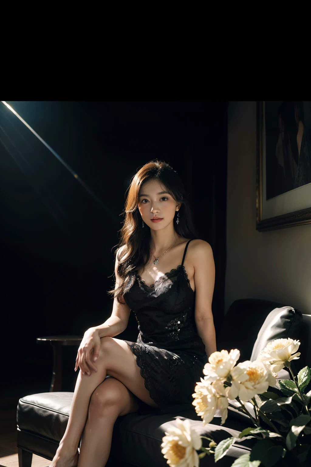 (((Top quality 8K lounge seating、TOKYOcty、80 year old woman in black lace dress with beautiful hair))))、(((Sitting whole body))))、Staring expression、Texture of details、A slight smil、Fine details of wrinkles、((((Diamond necklace))))、You can see up to your feet、Night light、Silence、A shining city、bru、Building Reflections、The sparkle of light、Pinpoint Light、Iridescent glow、A ray of light、Large flowers 35 mm, F/2.8, Incredibly hyper-detailed and intricately realistic, Full body shot, great abyss in the depths, with WITH LITTLE LIGHTS COMING FROM BELOW, Japan princess falls into the depths, In a beautiful light, Unforgettable charm, Black color, THE SURFACE IS LIKE A LARGE MIRROR