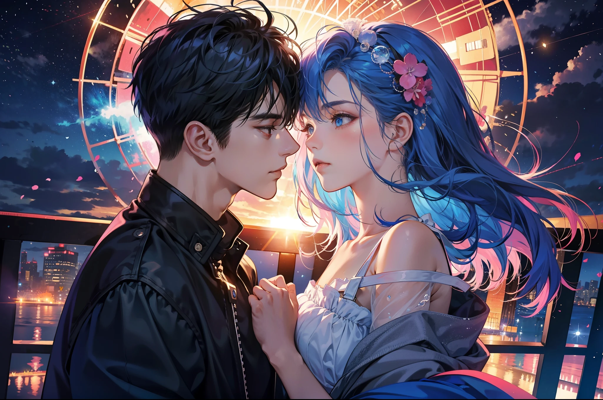 Romantic couple kissing in the wind,Blue-haired boy,Girl with pink hair,glowing stars,Glow effects,Heart-shaped bubbles,the night,playground,he Ferris wheel,The face is clear and accurate,detail in face,super-fine,16K resolution,high qulity,电影灯光,High picture detail,dynamic viewing angle,Detailed pubic hair,Epic shooting,oc rendered