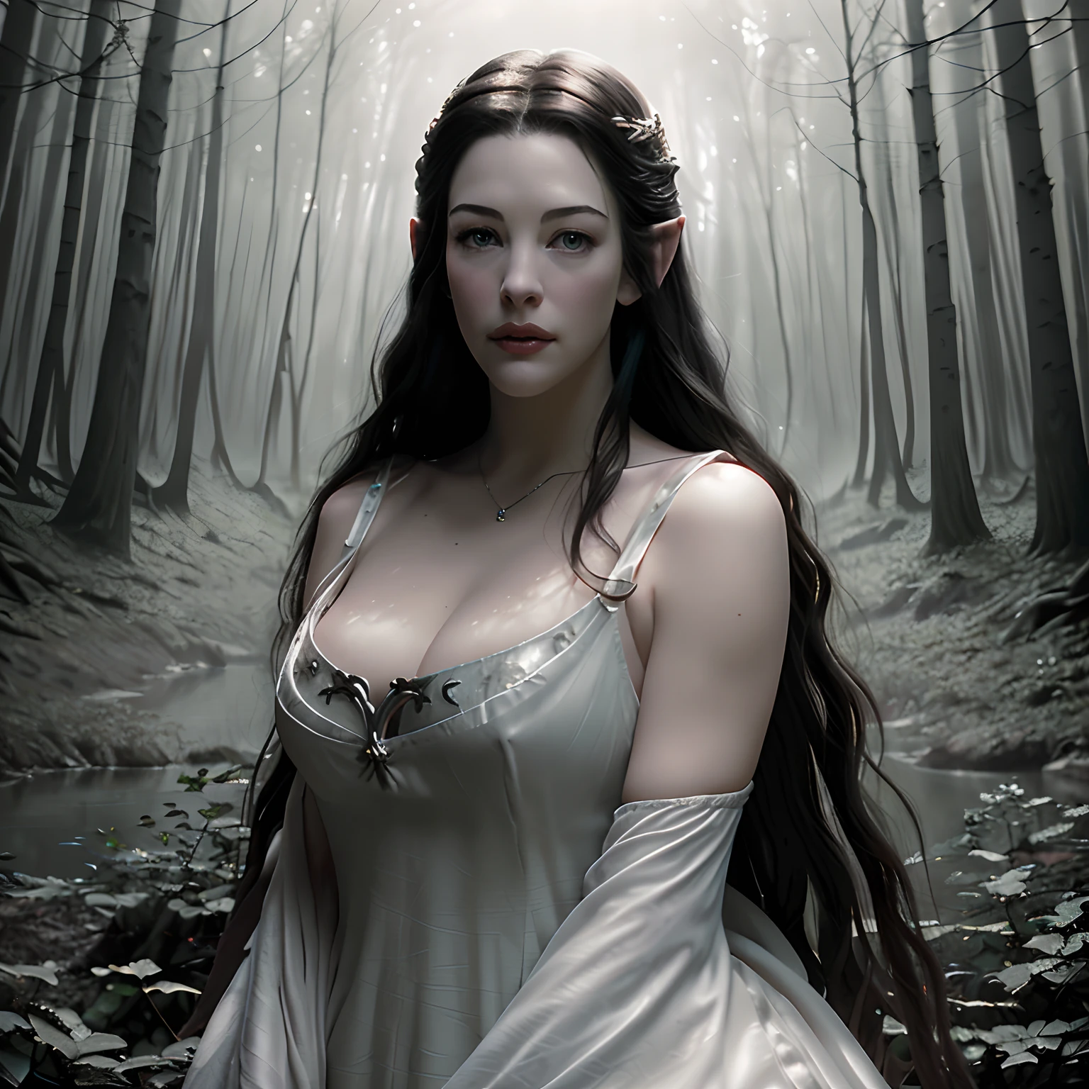 (masutepiece, Best Quality, 32K HDR, Ultra High Resolution, photos realistic), portrait painting of 1girl, (Ultra-realistic photos of Arwen:1.15, Realistic portrait of Liv Tyler:1.15, lord of the rings, Perfect slim body:1.3), Detailed face:1.2, Detailed texture:1.2), elf, Black hair, (Sleeveless white dress:1.3), Fantasy atmosphere, (Stand in the middle of a deep forest:1.35, Dark atmosphere:1.55), (extremely details CG), Big breasts,