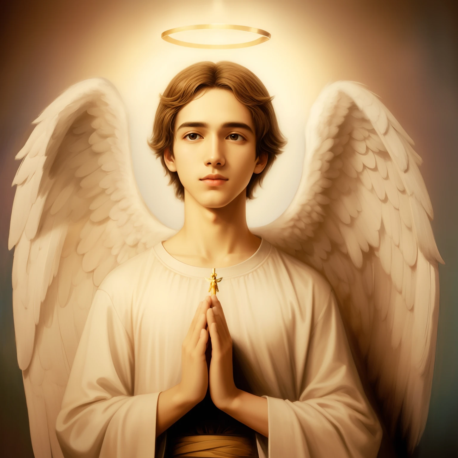 Painting of an angel with a halo and hands folded in prayer, anjo biblicamente acuado, anjo bonito, anjo, Retrato de um anjo bonito, angelic, angelic, angel spirit guide, biblical accurate angel, de anjo lindo, angelic halo, um anjo, halo de anjo, cheio de pinturas de anjos, Jovem Anjo Wan, Um anjo, being brilliant angelic