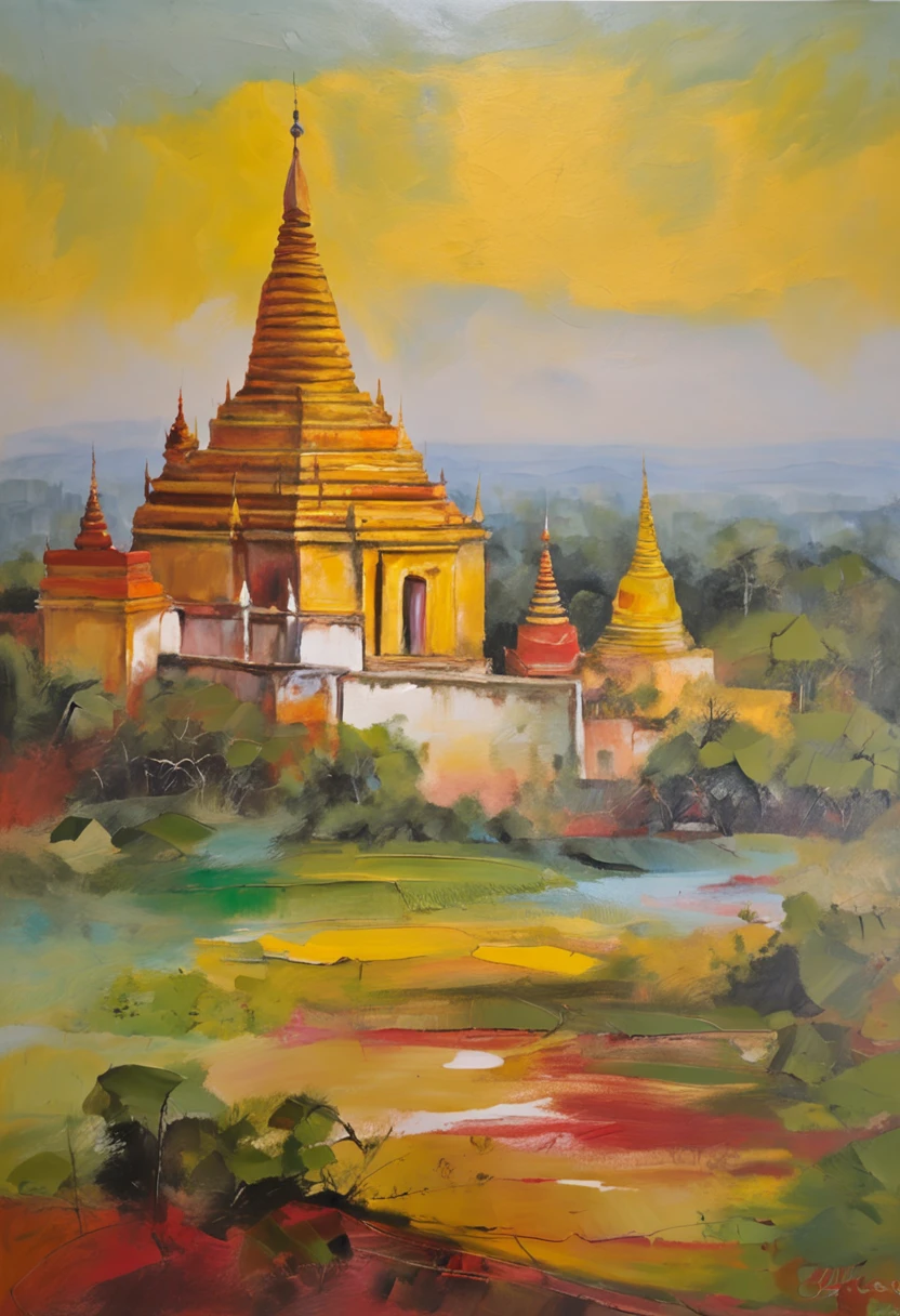 landscape of Myanmar, white pagoda and monastery on the hill, intricate image
