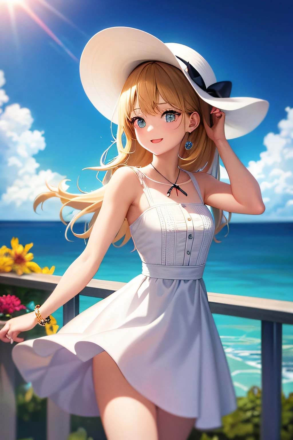absurdres, 1girl, the ocean, railing, white dresses, Sun hat, ssmile, (realistic:0.75), (waving:0.9), 2k