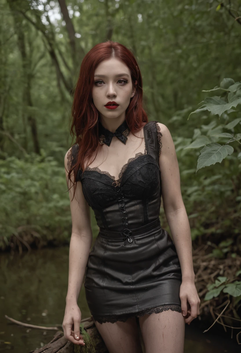 Hyper-realistic, ultradetailed, tmasterpiece. (A night in a dark forest:1.3). The woman, (Tormented by lust:1.3), (sexually drowning in a swamp, The swamp consumes her body:1.4). mini skirt, Black stockings with garters, leather jacket, black stiletto heels, (emaciated face:1.4), (dehydrated face:1.5), (outcast:1.6), Copper-red hair