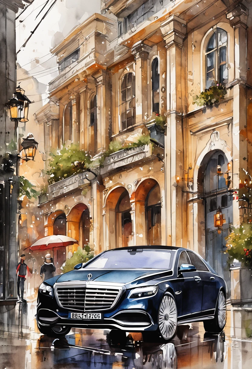 Maybach，Cyberpunk style，rainy evening
