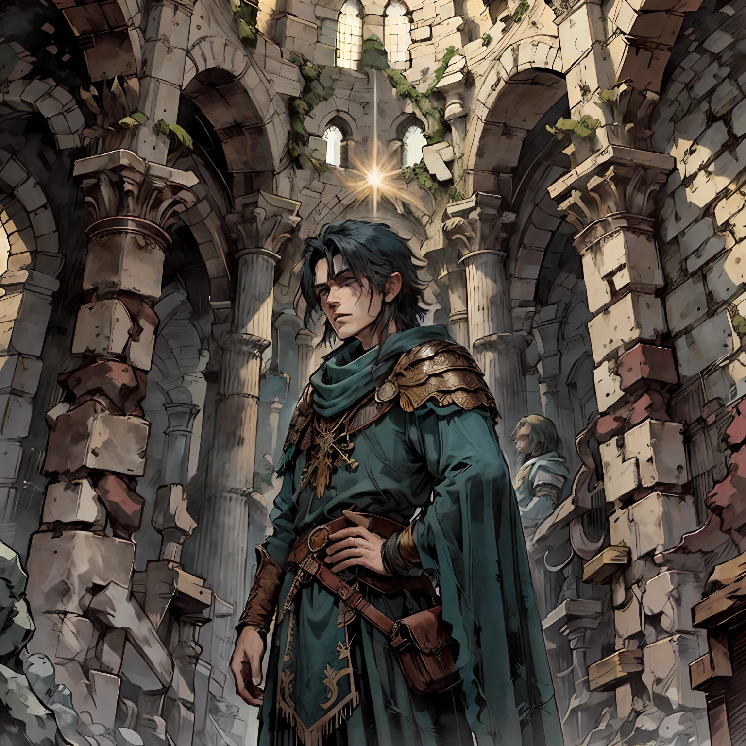 Un apuesto joven con cabello rojo y ojos verdes, en una gran armadura celestial llena de detalles y joyas, en una iglesia en ruinas, Melancholy scene, rayos de luz