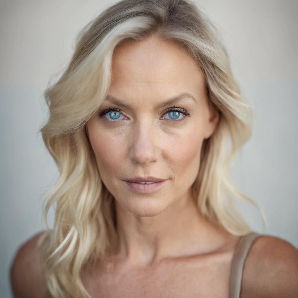Make a picture of a beautiful white blonde woman with blue eyes on a blank white background.