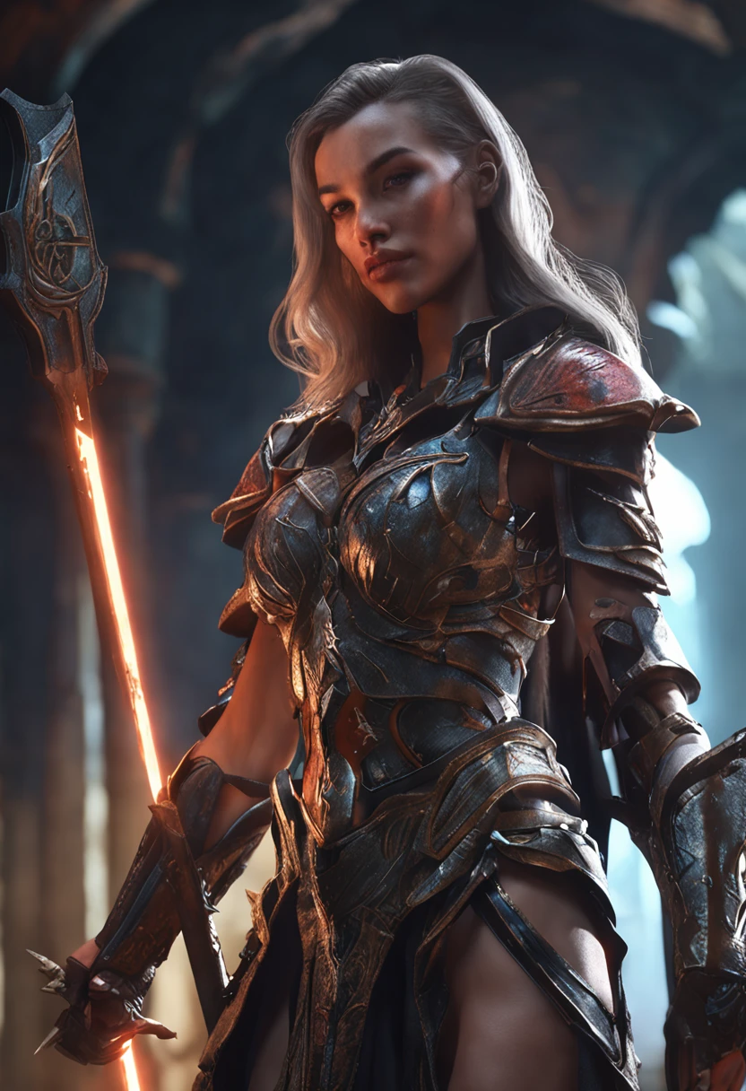 a close up of a elf woman in sexy leather medieval armor with a sword, 3 d render character art 8 k, chengwei pan on artstation, hyperdetailed fantasy character, unreal engine render + a goddess, dark sorceress in a dungeon crypt, dark and scary atmosphere