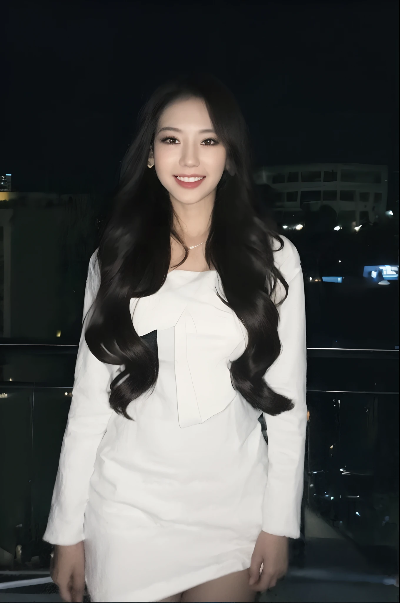 ((Midnight, Best quality, 8k, Masterpiece :1.3)), Whole body, Long legs, Sharp focus :1.2, A pretty woman with perfect figure :1.4, Slender abs :1.1, ((Dark brown hair, Big breasts :1.2)), (White tight tshirt, Jean bib, Standing:1.2), ((Night city view, Rooftop:1.3)), Highly detailed face and skin texture, Detailed eyes, Double eyelid