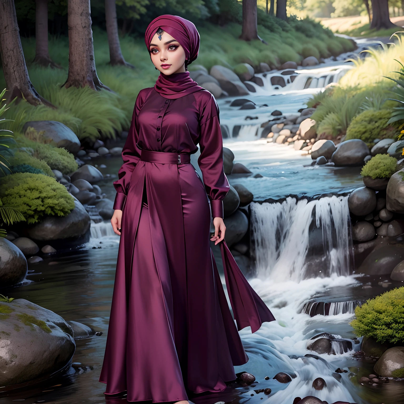 nature scenes，a woman in a beautifully makeup, smokey eyeshadow, beautiful big eyes, long eye lashes, wearing (gray satin turban), loosely tide hijab style, ((maroon satin shirt)), satin long maxi skirt, secretly photographed，steins，sapling，small stream，rays of sunshine