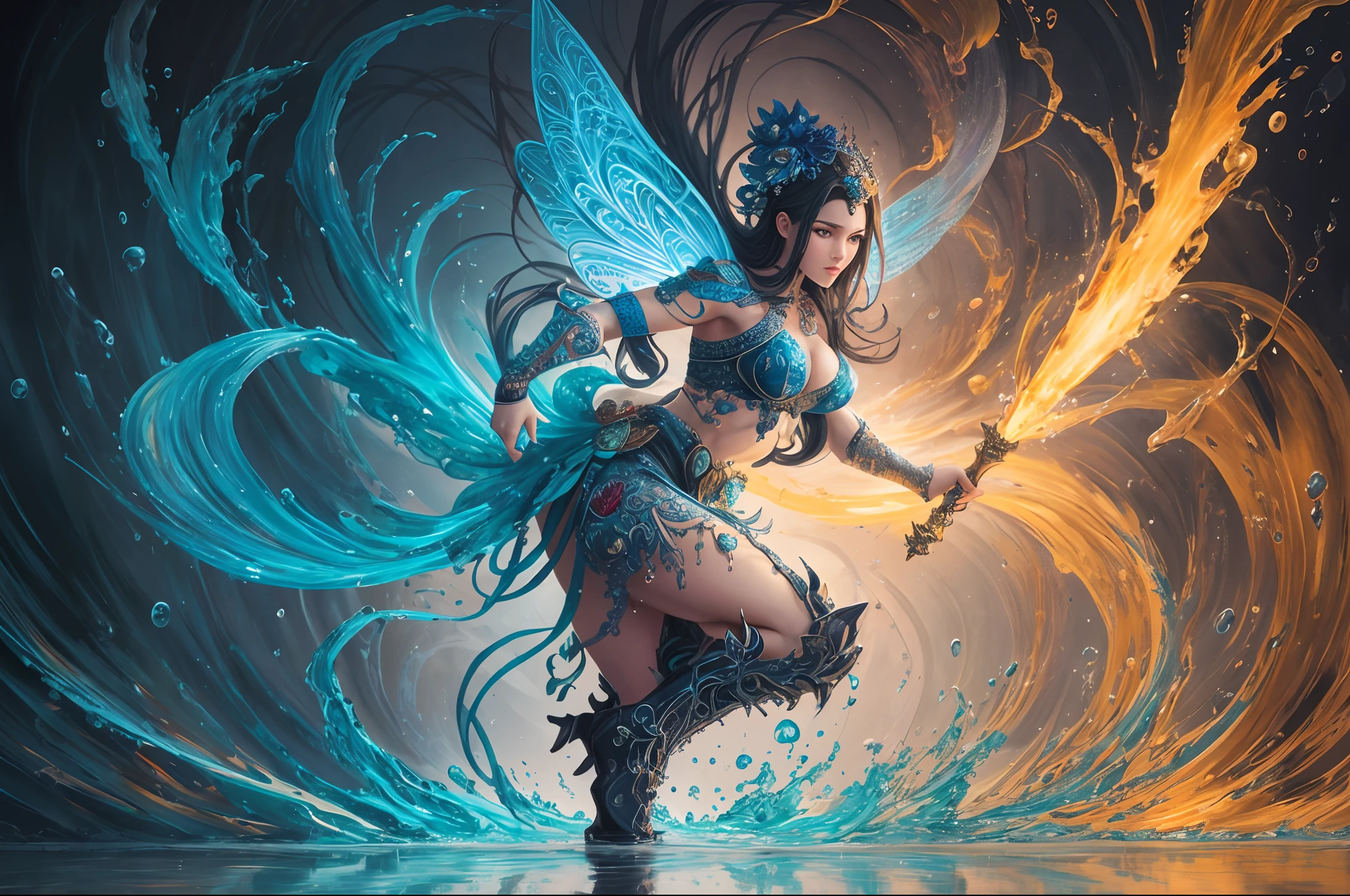 splash art, a liquid portrait of a woman made of colours, full body, muscles and movement, charging, splash style of colourful paint, hyperdetailed intricately detailed, fantastical, intricate detail, splash screen, complementary colours, liquid, gooey, slime, splashy, fantasy, concept art, 8k resolution, masterpiece, melting, complex background, intricate detailed, bright colors, fantasy, concept art, digital art, intricate, oil on canvas, masterpiece, expert, insanely detailed, 4k resolution, fairy tale illustration, dramatic --auto --s2