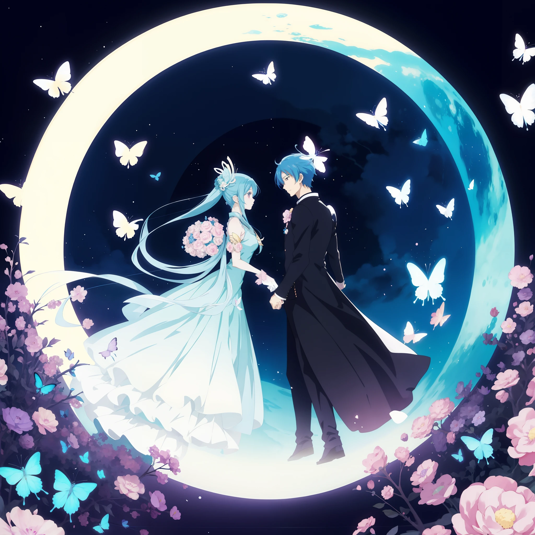 Anime couple on the moon with butterflies, anime wallaper, Beautiful anime, Beautiful anime style, ethereal anime, High-quality fanart, romanticism art style, official fanart, ✨🕌🌙, beautiful anime art style, Anime Pictures, hd anime wallaper, anime beautiful peace scene, in style of cytus and deemo, korean art nouveau anime