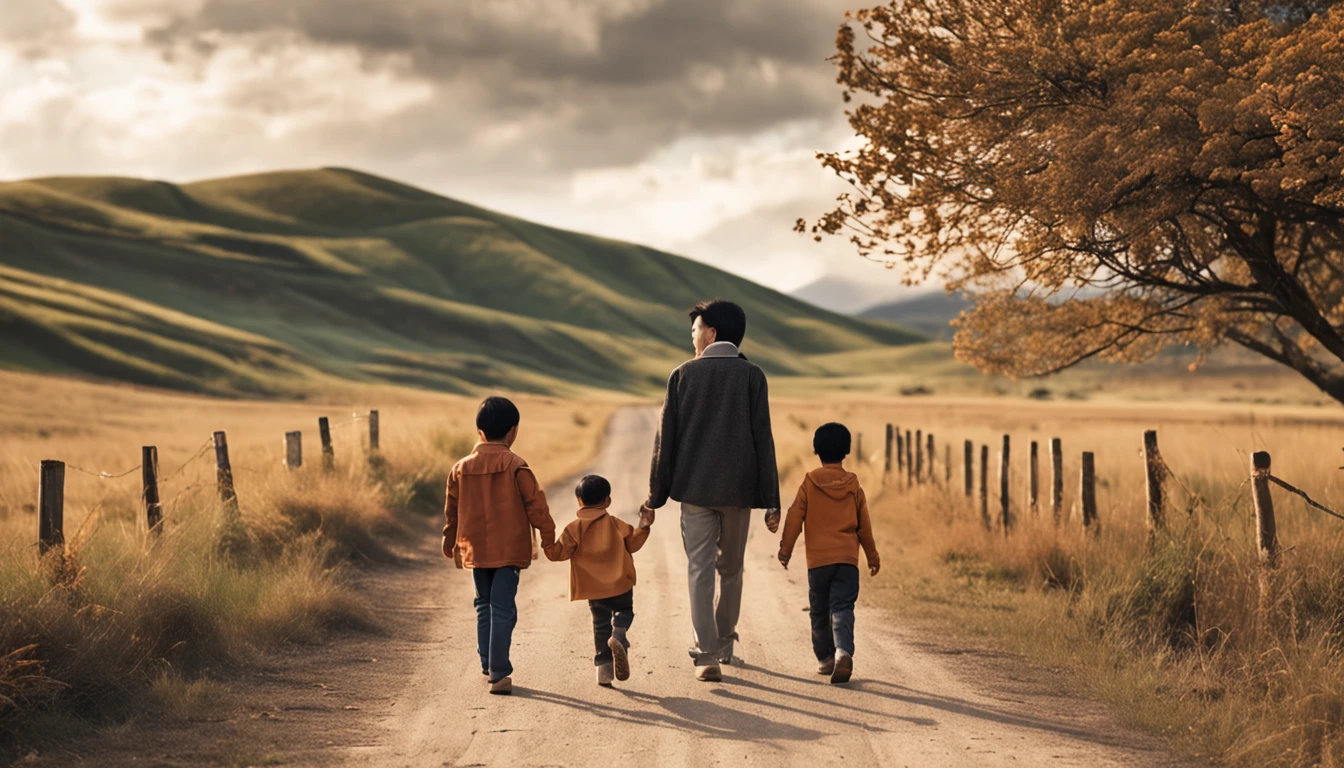 an asian family of four consists of four members: parents and two sons walking hand in hand on a long road leading to distant hills, few trees, high quality photos, real photos, super realistic , family near camera angle, taken with Canon EOS 5D, ((full body)), just four people, family standing back to the right,village