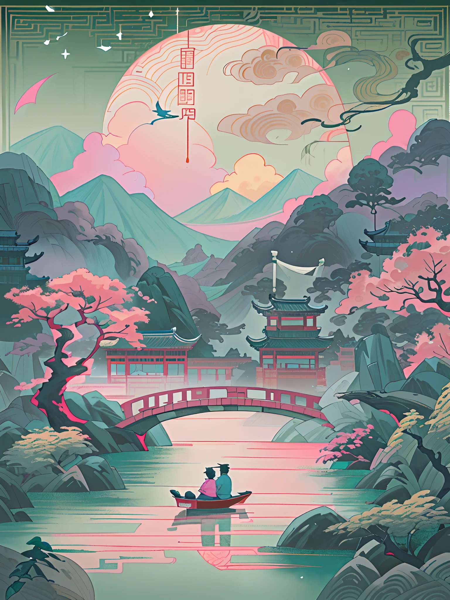 A boy and a girl meet on a bridge,Tanabata poster design pattern,Pink tones,Blue-purple,dreamy scenes,a warm color palette,Cloud arch bridge,the huge moon,fire works,starrysky,Magpie triangle composition,detail-rich,down view,Long shots,Chinese traditional painting,Jade,mountain water,auspicious,Pale color background,Best quality,pastels,softlighting,4K,A plant