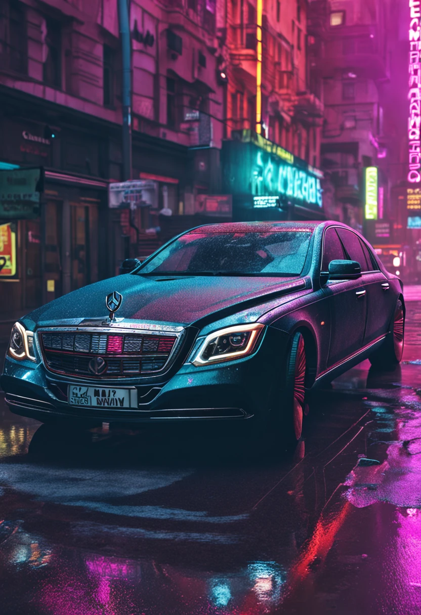 Maybach,Cyberpunk style,rainy evening