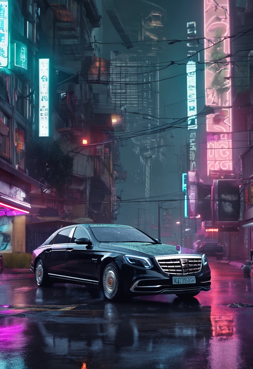 Maybach，Cyberpunk style，rainy evening