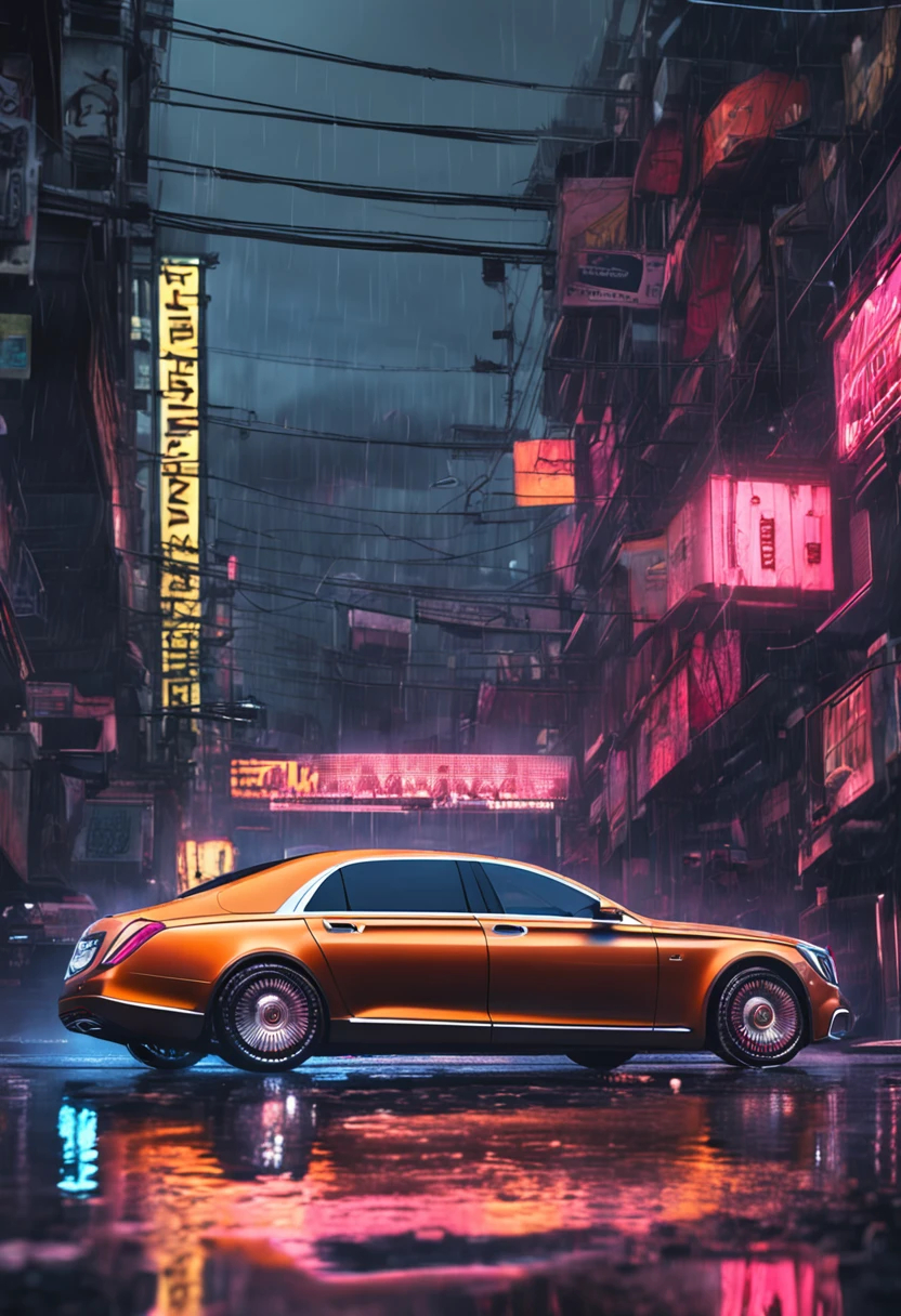 Maybach,Cyberpunk style,rainy evening