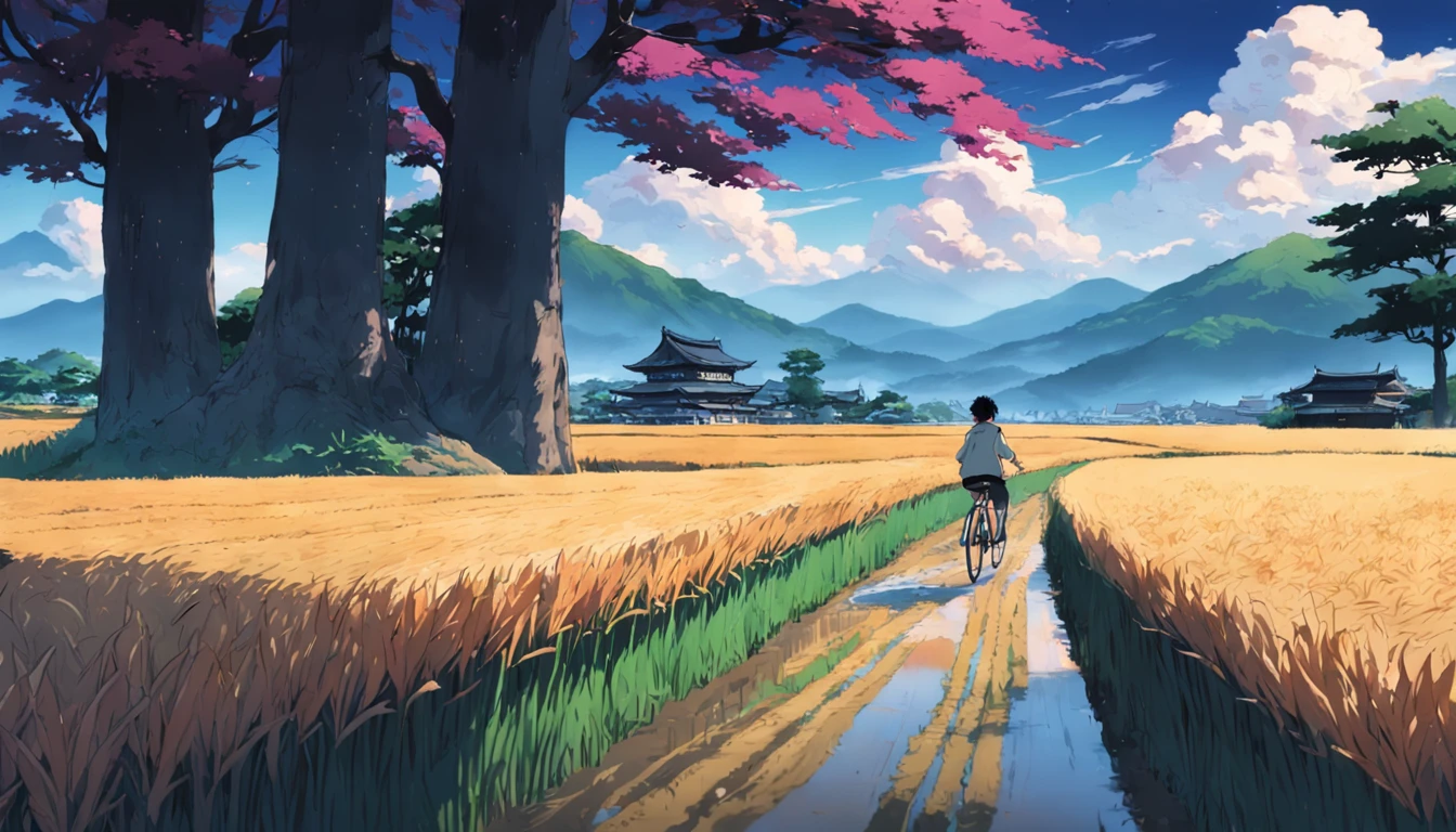 masterpiece, best quality, movie still, cinematic scene, cycling trough beatiful rice fields in japan