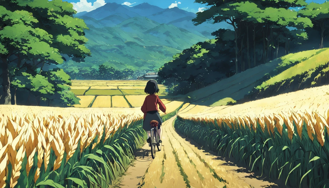 masterpiece, best quality, movie still, cinematic scene, cycling trough beatiful rice fields in japan