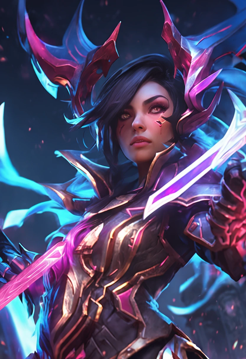 League of Legends Irelia Blade Will,Grandiose scene,A mysterious city at night,extreme picture quality,Neon lighting,The blade shines,She stood with her sword in hand,with a determined look in his eyes,The spirit of war is high,Colored smoke in the background,Presents a surreal aesthetic。