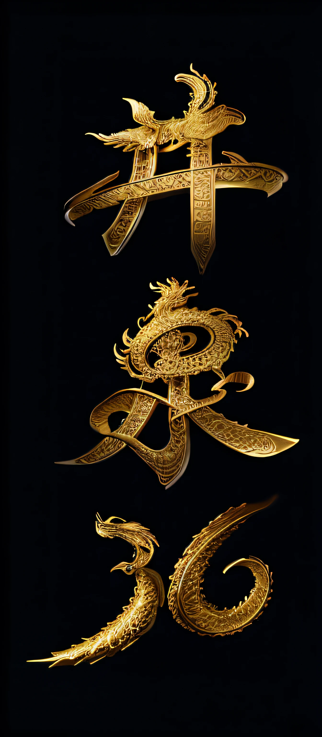 There are three golden symbols on a black background, golden chinese text, dragon design language, 8 intricate golden tenticles, Golden dragon, inspired by Li Kan, author:Kan Lee, By Shen Quan, intricate gold elements, inspired by Chang Dai-chien, author:Tan Yang Kano, Chinese art, inspired by Xu Xi