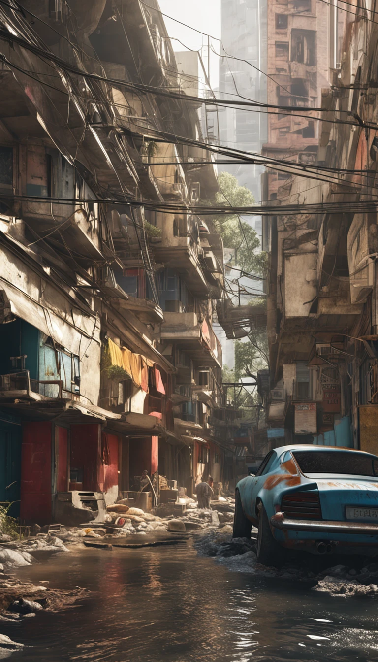 ultra-realistic image, Real-world scenarios，8k解像度，フォトンマッピング、detailed and complex environment、The is very detailed、top-quality、artsy photography、photorrealistic concept art，In the messy workshop，American man，white short sleeve，Blue strappy jeans，White sneakers，Hold a water hose in your hand，Muddy water splashed，Wash the yellow Ferrari sports car