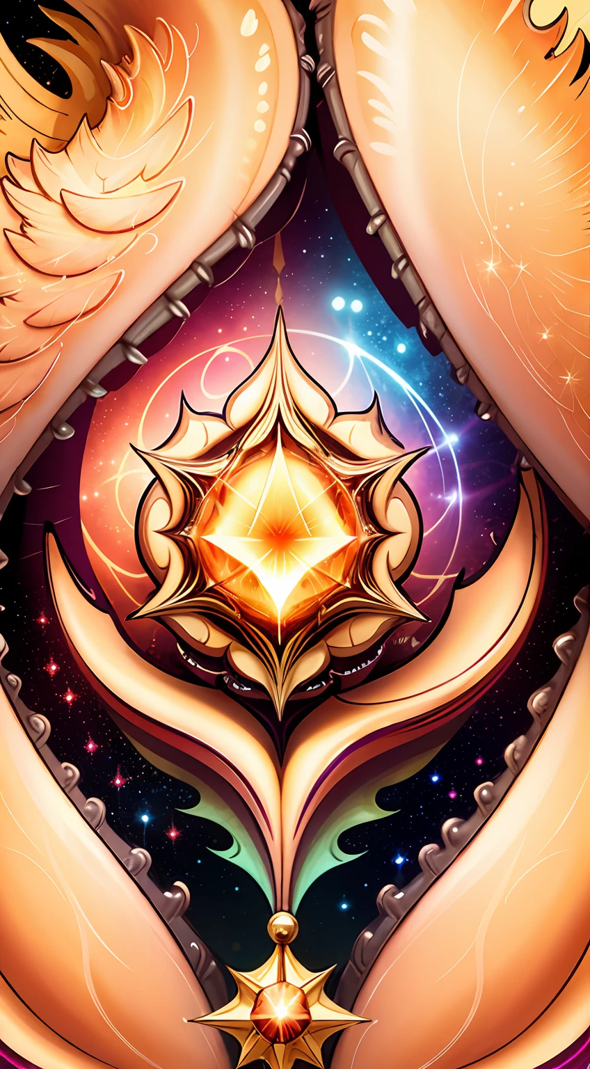 flowing sparkle and love heart water in fantasy style octahedron bottle with a Golden phoenix-shaped metal bottle cap, the background is rainbow galaxy and diamond star, 50mm lens, Intricately detailed, 8k, epic, vivid, sharp focus, ray tracing, photorealistic