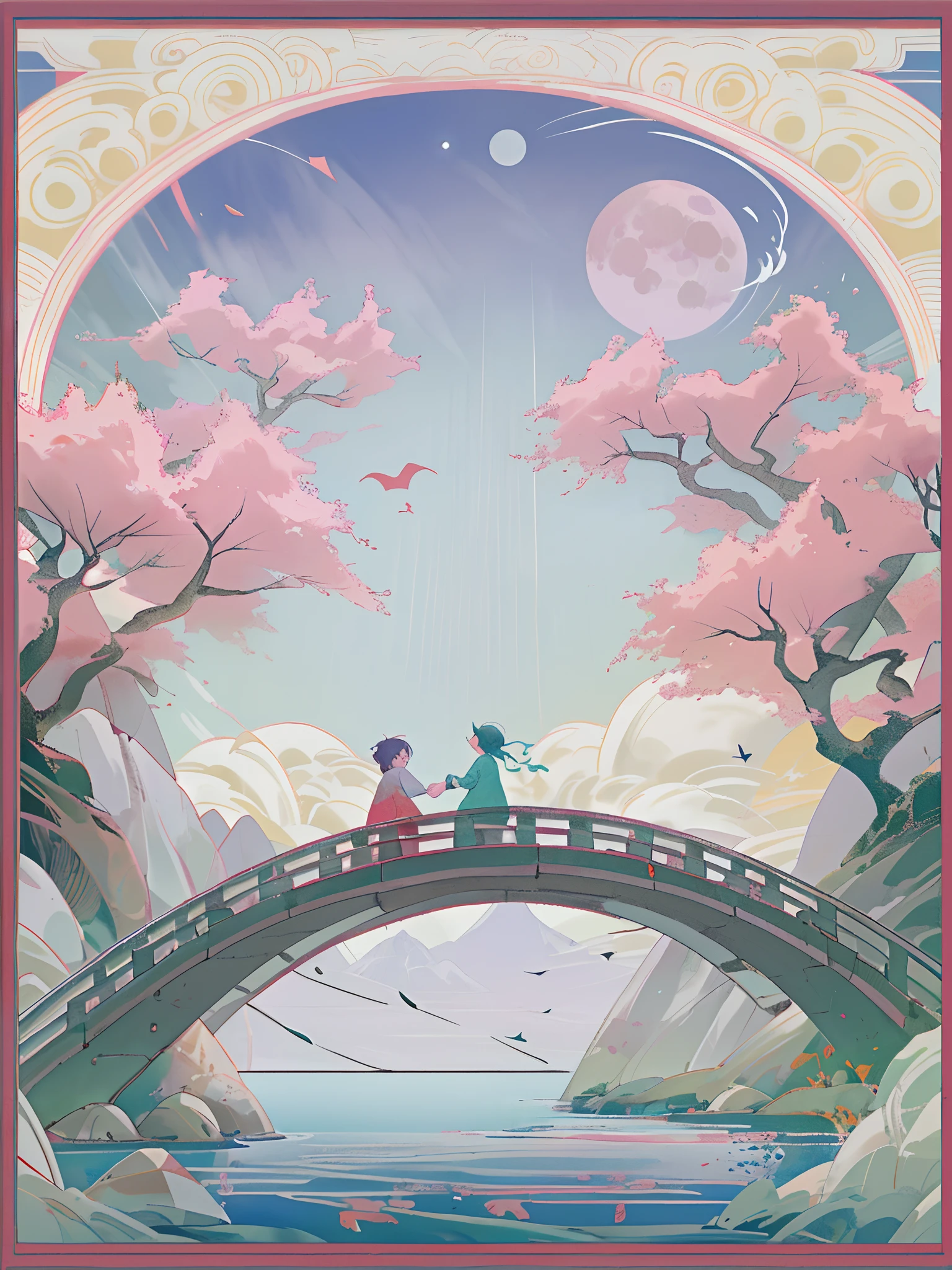 A boy and a girl meet on a bridge，Tanabata poster design pattern，Pink tones，Blue-purple，dreamy scenes，a warm color palette，Cloud arch bridge，the huge moon，fire works，starrysky，Magpie triangle composition，detail-rich，down view，Long shots，Chinese traditional painting，Jade，mountain water，auspicious，Pale color background，Best quality，pastels，softlighting，4K，A plant