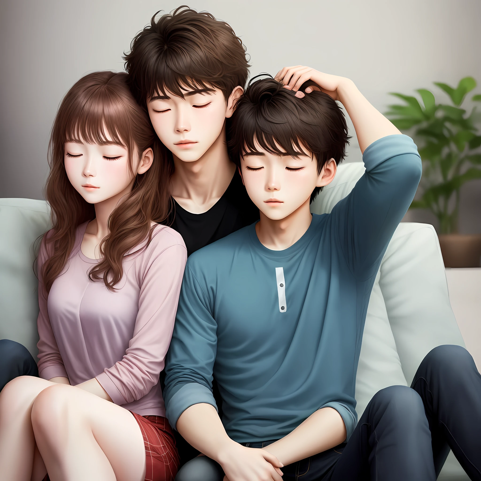 A young couple takes a nap。The two hugged each other,Boys stroke girls' hair,The girl put her arm around the boy's neck