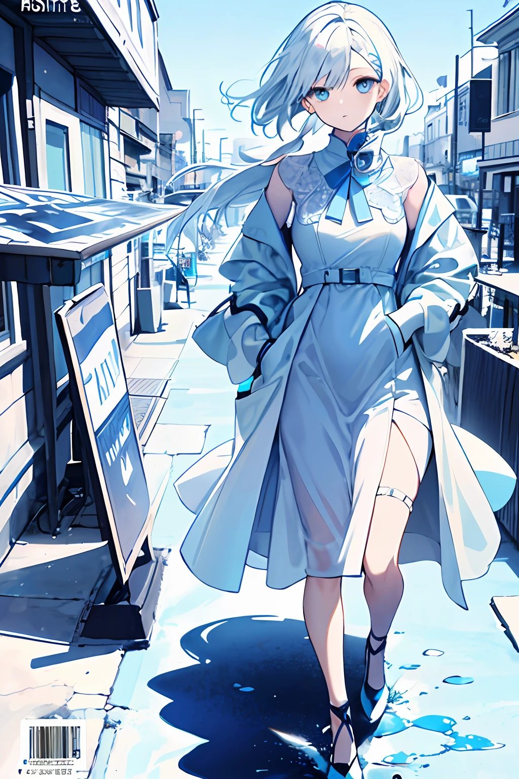 Masterpiece,(Best quality),(1girll) ,Solo,(High contrast:1.2),(High saturation:1.2), ((hands on pockets)),((Black and white dress)),view the viewer,((White and light blue theme:1.3)),((White and light blue background:1.5)),White hair,Blue eyes,((Walking:1.3)),full bodyesbian,blackfootwear,((the light blue water on sky and white cloud and day)),((From above:1.2)), (Magazines:1.3), (Cover-style:1.3), Fashionab, woman, vibrant, Outfit, posing on a, Front, Colorful, Dynamic, Background, element in, self-assured, expression, Holding, statement, accessory, Majestic, CW, Around, Touch, scene, text, cover, Bold, attention-grabbing, title, Stylish, font, Catchy, titles, Larger, astounding, modern, Trendy, Focus, Fashion, Negative label