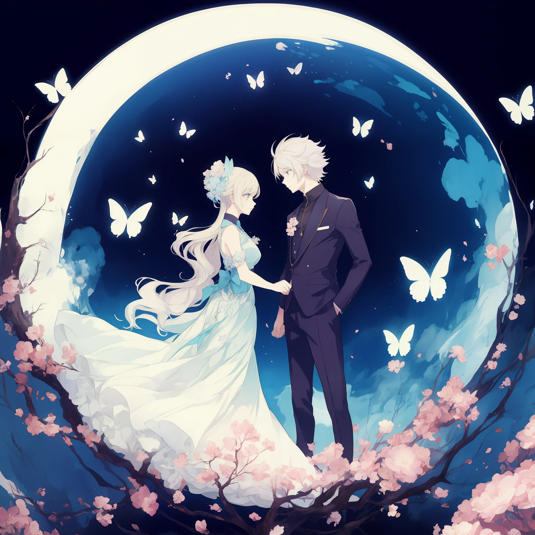 Anime couple on the moon with butterflies, anime wallaper, Beautiful anime, Beautiful anime style, ethereal anime, High-quality fanart, romanticism art style, official fanart, ✨🕌🌙, beautiful anime art style, Anime Pictures, hd anime wallaper, anime beautiful peace scene, in style of cytus and deemo, korean art nouveau anime