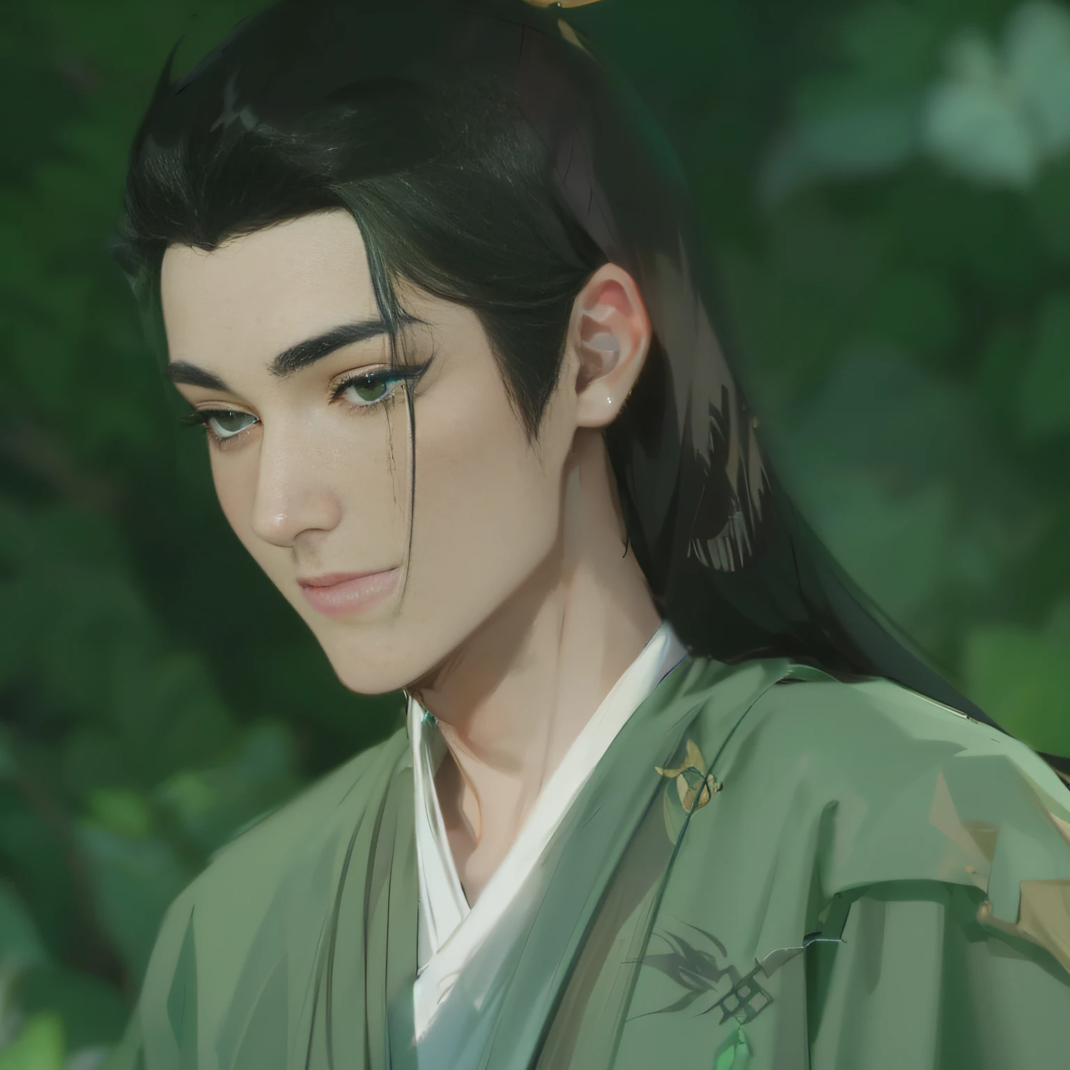 Wear a green tunic,mtu,closeup of face, with his long black hair, Handsome, xianxia hero, youth,Two-dimensional style