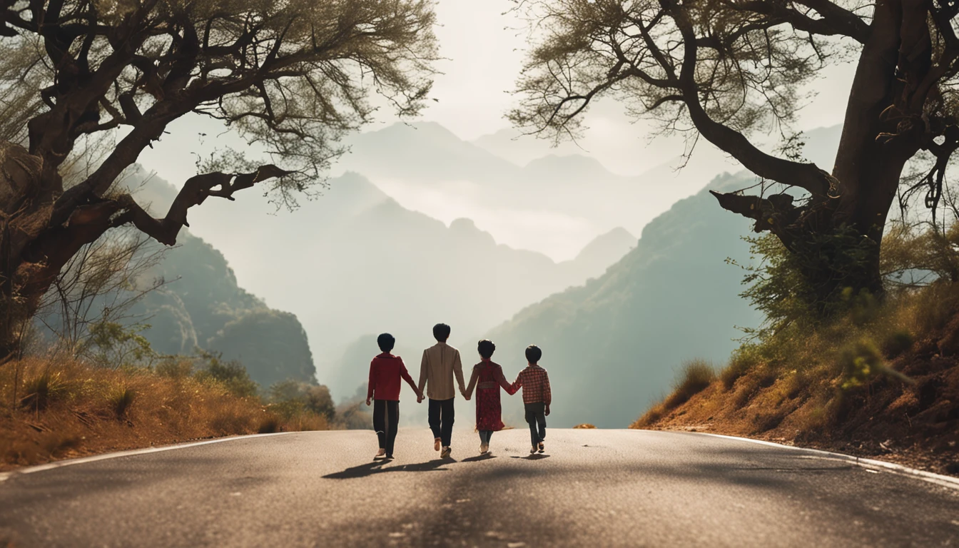 an asian family of four consists of four members: parents and two sons walking hand in hand on a long road leading to distant hills, few trees, high quality photos, real photos, super realistic , family near camera angle, taken with Canon EOS 5D, ((full body)), just four people, family standing back to the right,Everyone turns to the camera