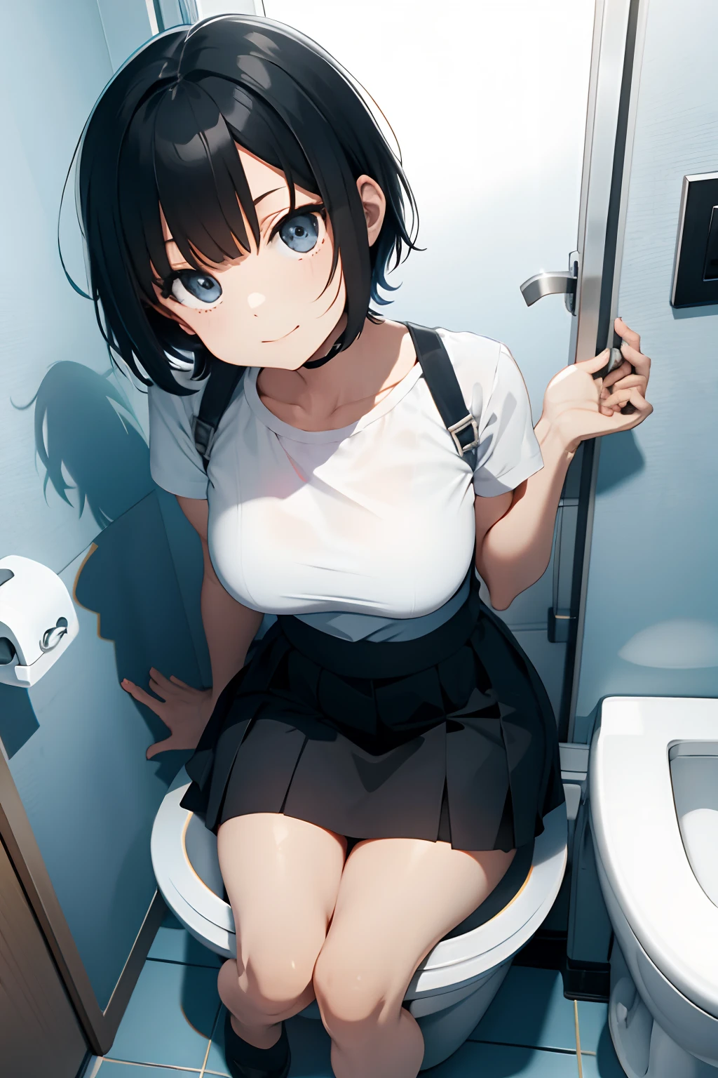 very beautiful Japanese woman, 18 years old, 1girl, very beautiful face, Japanese school uniform, wet white panty, red bowtie, (sitting on a toilet), white bathroom, plaid skirt, pleated skirt, black short hair, whole body, well-proportioned eyes, (very embarrassing panic face), detailed, 8k, natural light, professional lighting, masterpiece, top quality illustration, high resolution, 