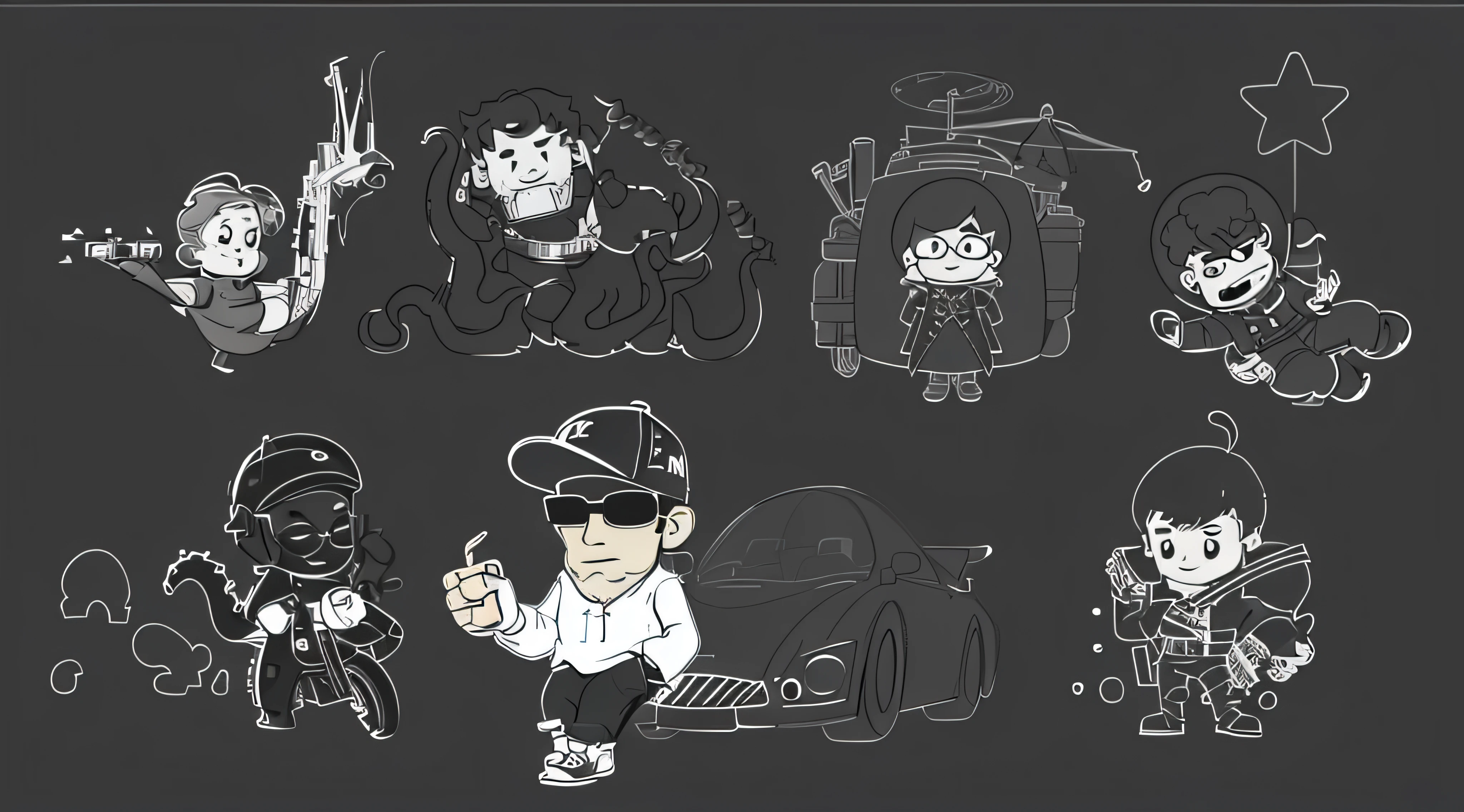 Sketches of cartoon characters with different poses and expressions, 2d game lineart behance hd, 2d game lineart behance hd, lineart behance hd, line work concept art, character illustration of a, vector line - art style, line art illustration, retro line art, illustration line art style, Line - Art, clean anime outlines, several character designs