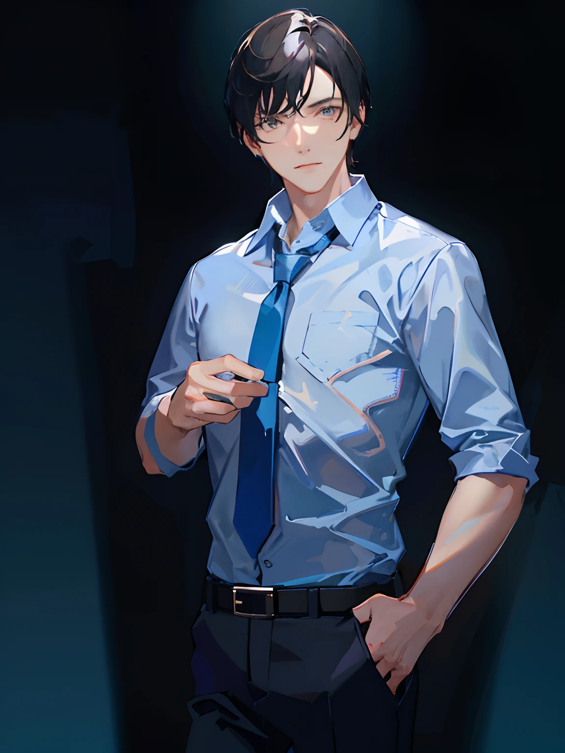 (Masterpiece, best quality: 1.2), (Super detailed), (Illustration),a man in a blue shirt and black pants posing for a picture, wearing a light blue shirt, wearing in shirt, wearing a light shirt, wearing a shirt, blue shirt, wearing shirts, wearing a shirt with a tie, office clothes, dress shirt, shirt, wearing white shirt, business clothes, Fringe hairstyle, black hair, fringe black hair, no background