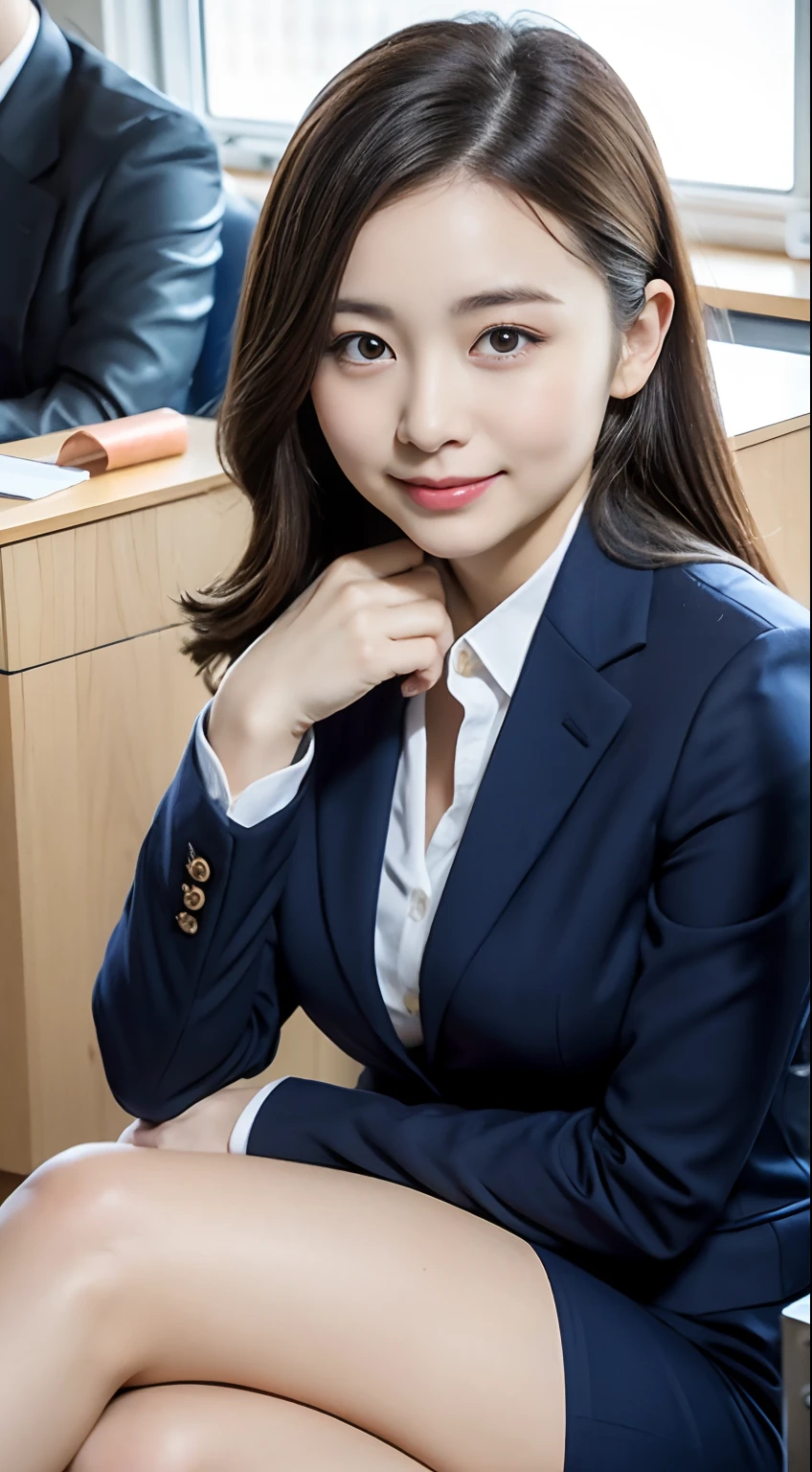 closeup cleavage，45 degree side view，22-year-old female，35mm masterpiece，Navy suit and miniskirt，Gently place your left hand on your chin，ssmile，Office background blurring。