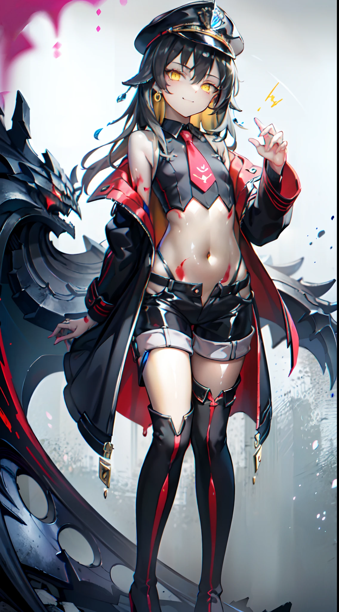 (best quality, detailed drawn hands, realistic fingers, fixed hands), (masterpiece, sidelighting, finely detailed yellow eyes: 1.2), ((Best quality)), ((masterpiece)), (highly detailed:1.3), small chest, masterpiece, best quality, highres, 1girl, (black hair, messy hair, super long hair, pink highlights), black peaked cap, blood-red eyes, glowing eyes, earrings, smug face, long coat, knee-high boots, low heels, shorts, (sleeveless black shirt with closed neck), yellow tue, visible stomach, standing on rock, gray background, (futuristic giant scythe lies behind girl),