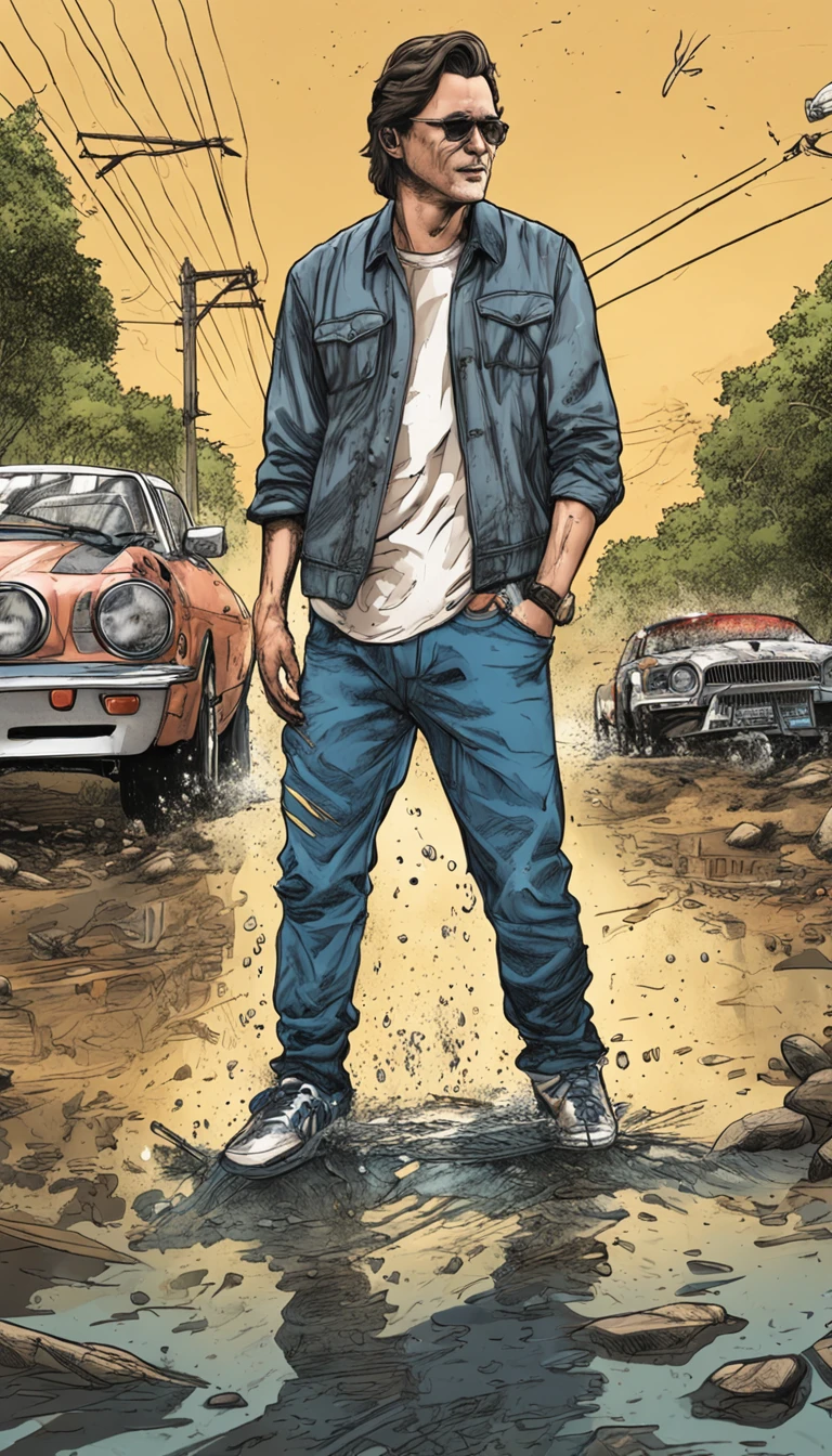 An American man,white short sleeve,Blue strappy jeans,White sneakers,Hold a water hose in your hand,Muddy water splashed,Wash the yellow Ferrari sports car,ultra-realistic image, Real-world scenarios,8k解像度,フォトンマッピング、detailed and complex environment、The is very detailed、top-quality、artsy photography、photorrealistic concept art,In the messy workshop,